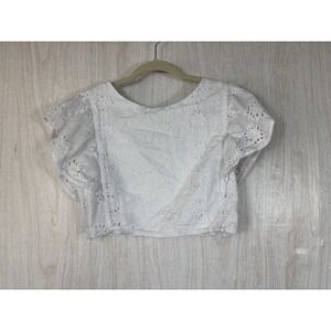 VERSONA M White Cotton Eyelet Cap-Sleeve Cropped Blouse Summer Chic Top